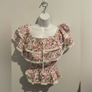 GUESS Isotta Cotton Eyelet Embroidered Floral-Print Top In Lovely Roses Size: XS
